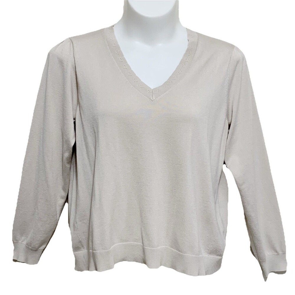 Cable & Gauge Sweater Top Womens Size 1X Beige V-Neck Crewneck Long Sleeve Knit